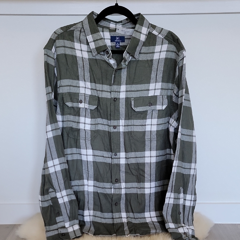 Green and White Plaid Button-Up Shirt